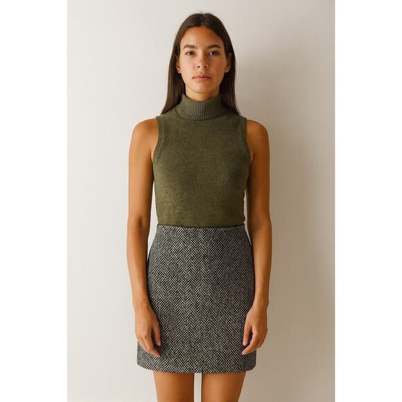 Shelli Segal Wool Blend Leather Herringbone Skirt Vintage 90s size 8 - Picture 1 of 8